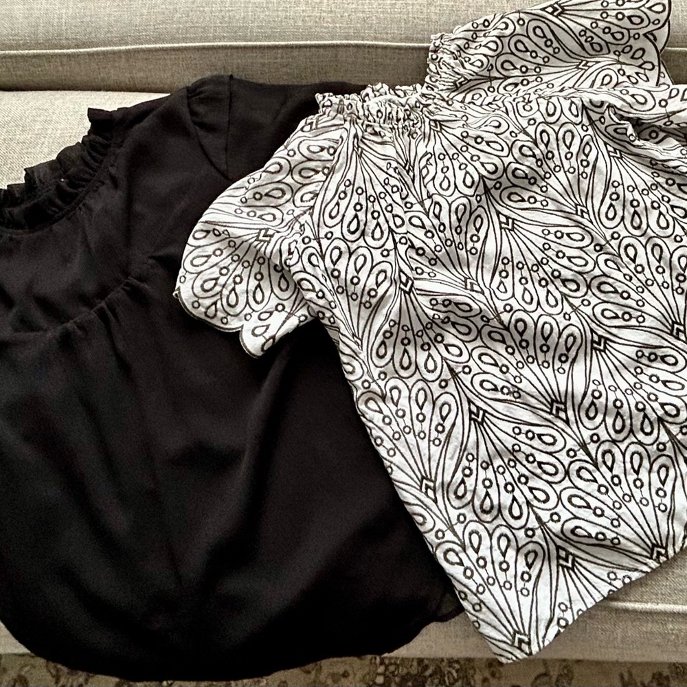 Ann Taylor loft blouse bundle.  Black blouse and Gray and White Patterned Blouse